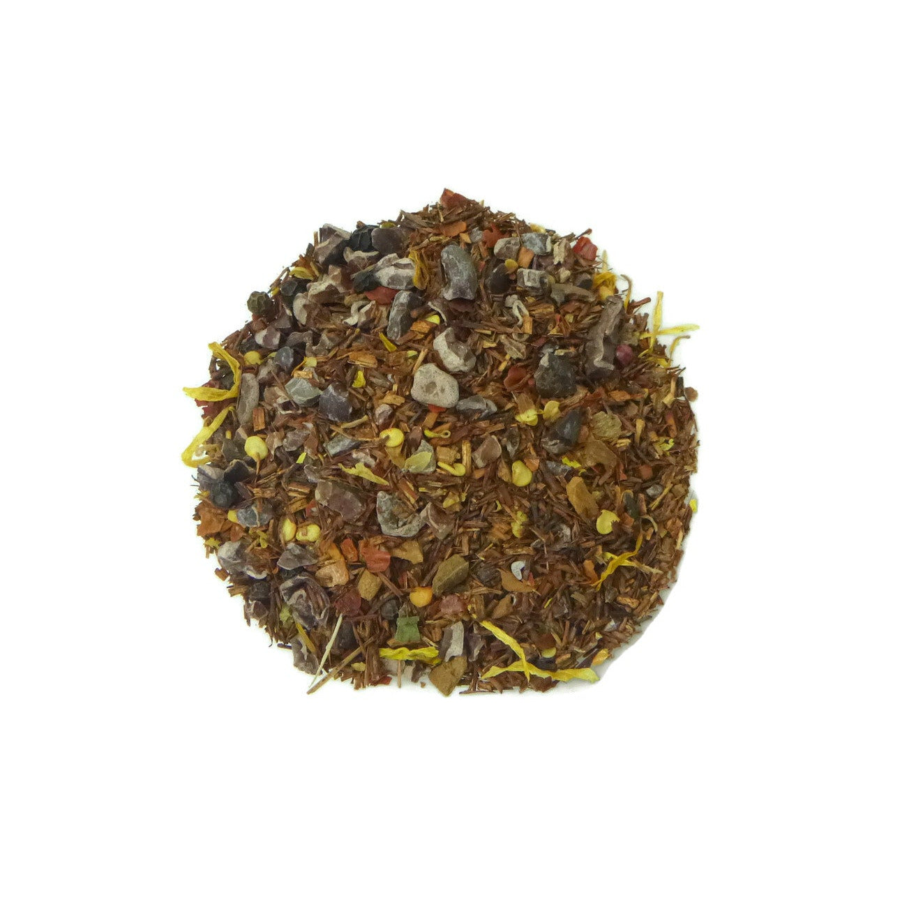 A blend of rooibos, cacao and other herbs on a white background.