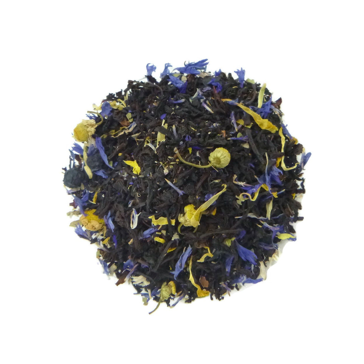 Black tea with yellow and blue flower petals on a white background