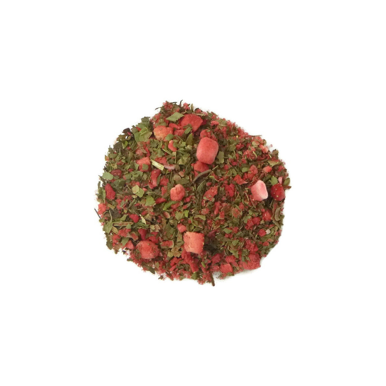 A blend of dried strawberries and herbs on a white background