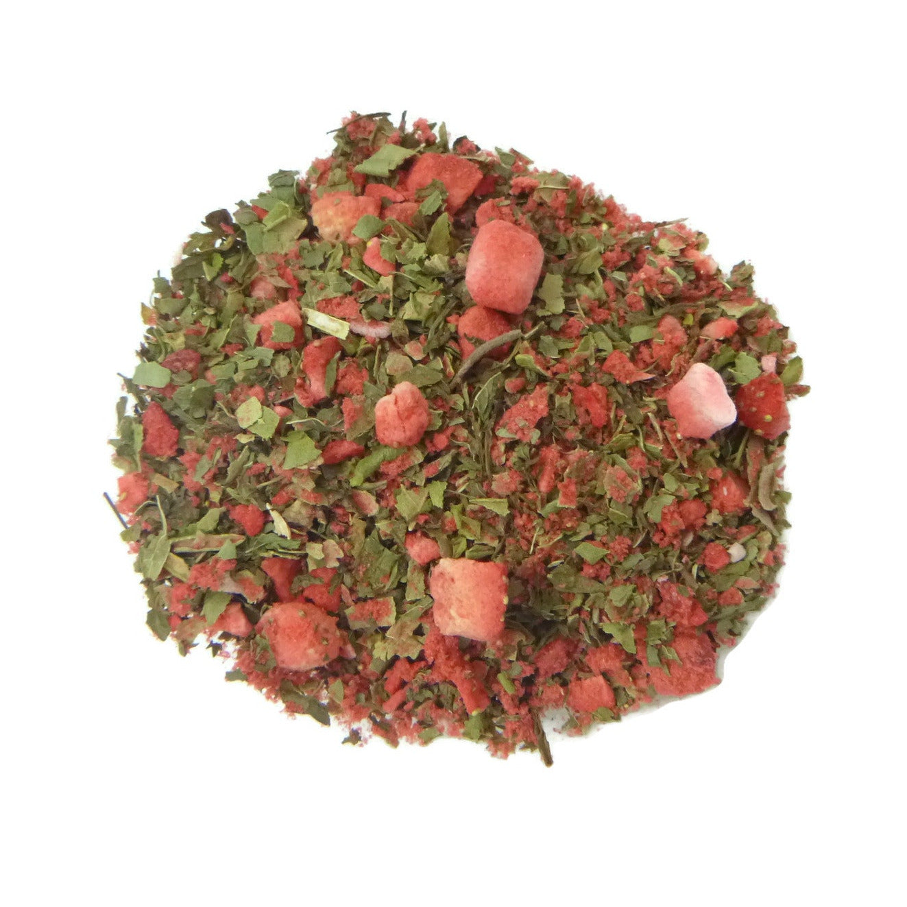 A blend of dried strawberries and herbs on a white background