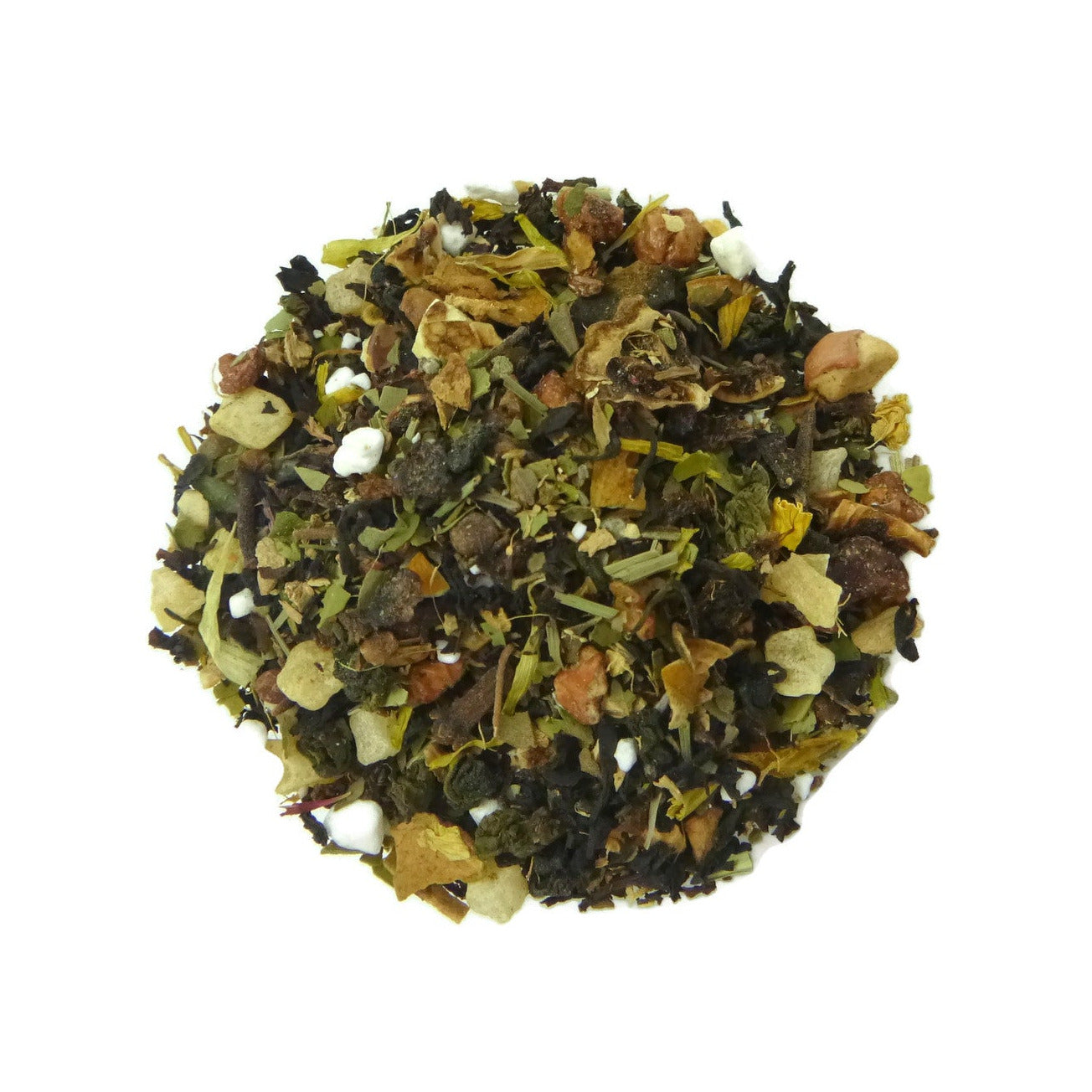 Mixture of dried herbs and tea leaves on a white background