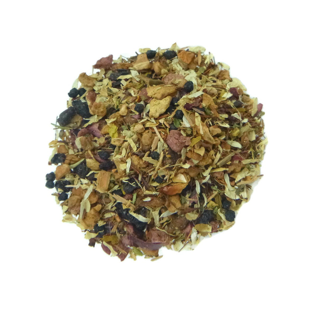 A blend of dried herbs and spices on a white background