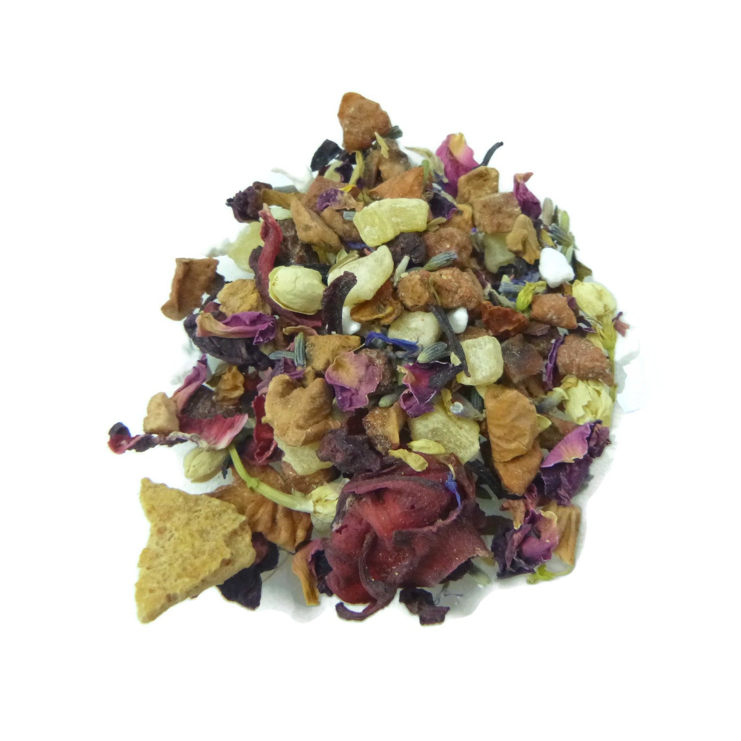 Assorted dried fruit and herb mix on a white background