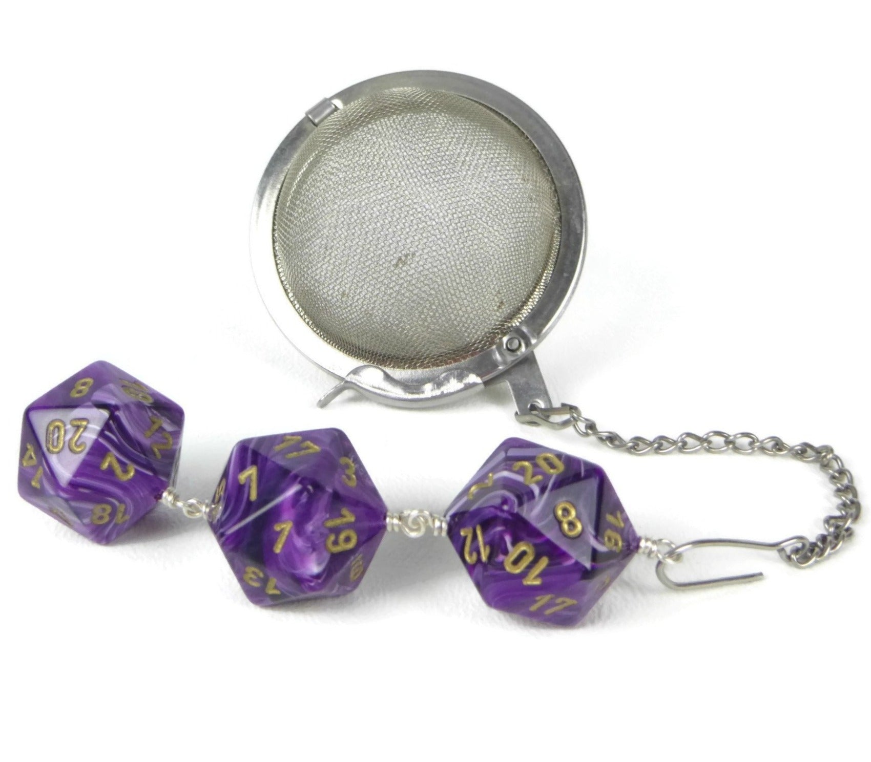 Tea Infuser with Swirled Purple Vortex Dice Trio