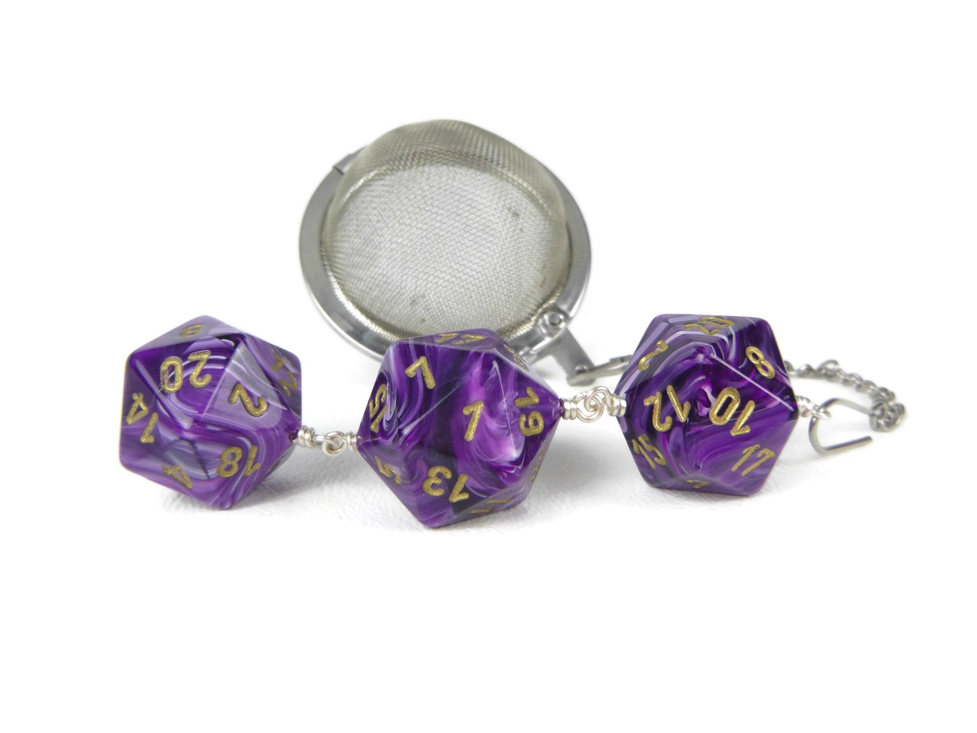 Tea Infuser with Swirled Purple Vortex Dice Trio