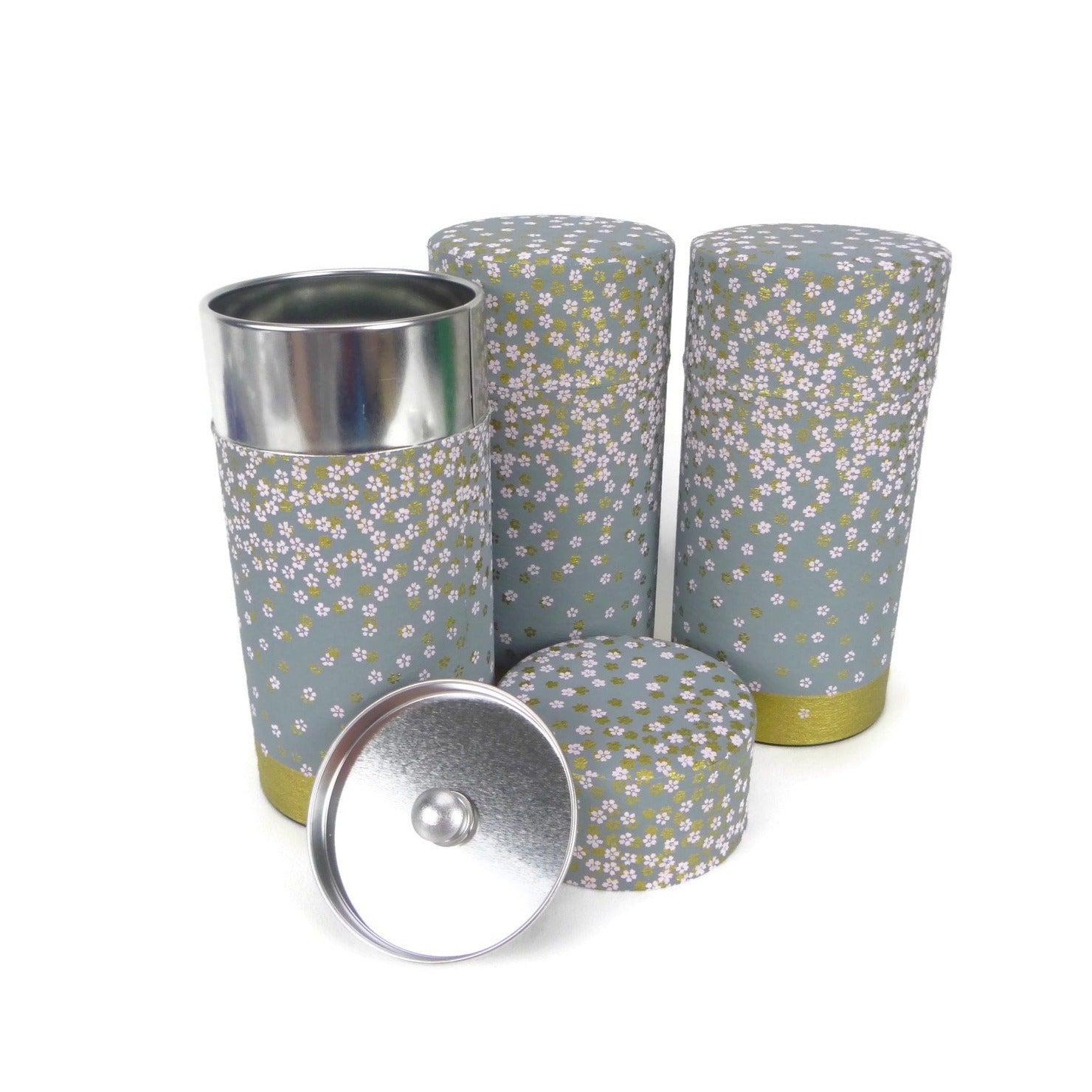 Gray Blue with Purple and Gold Flowers Washi Paper Canister - 5oz
