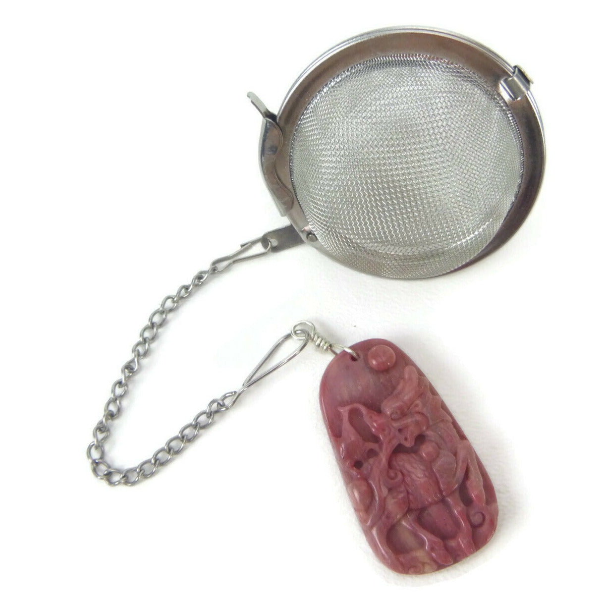 Tea Infuser with Rose Colored Carved Dragon Charm