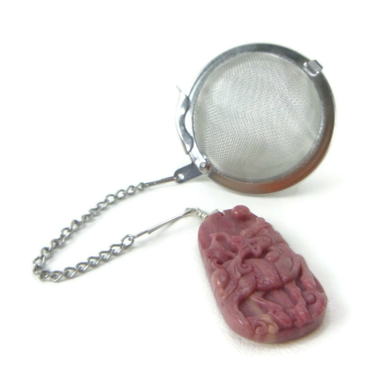 Tea Infuser with Rose Colored Carved Dragon Charm