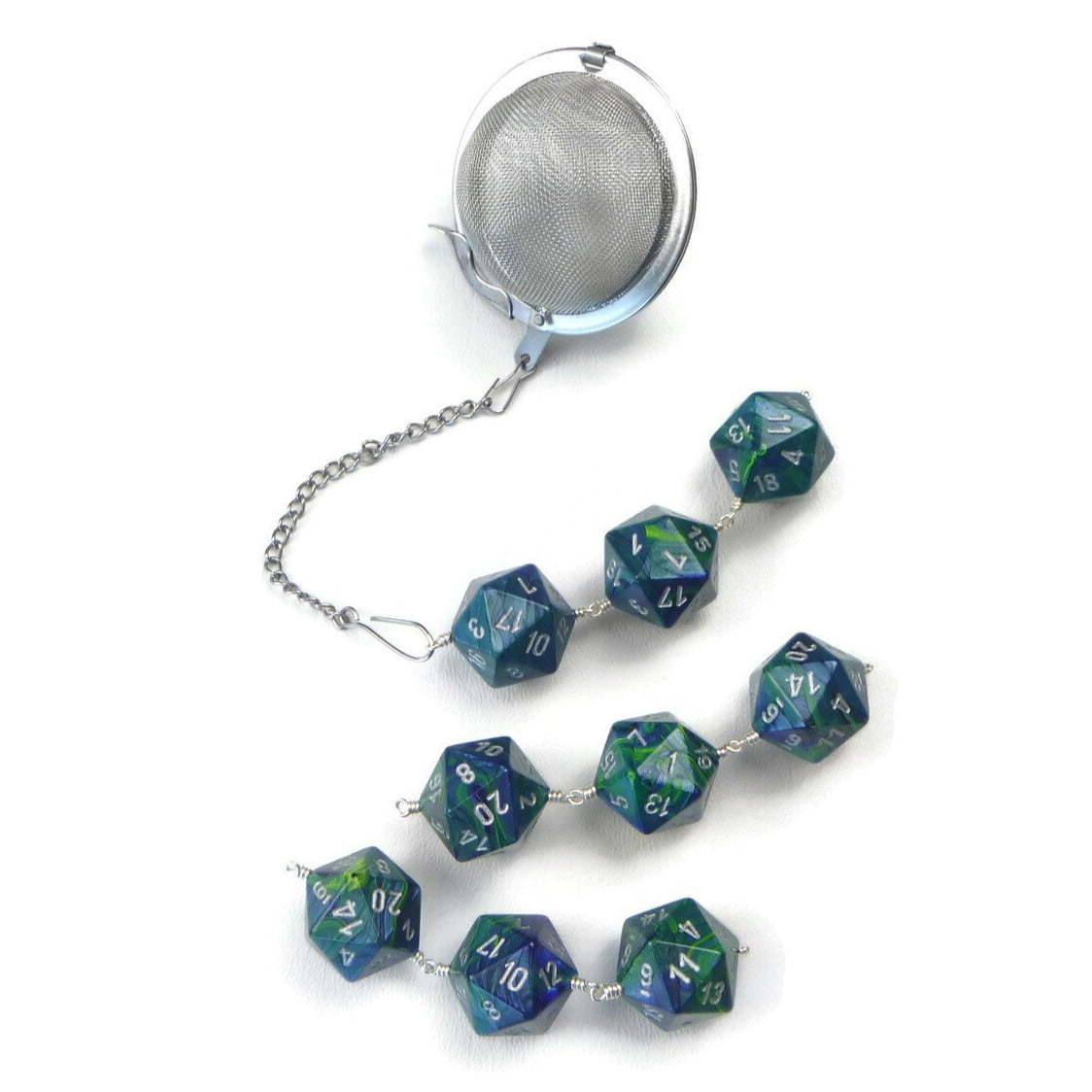 Tea Infuser with Green and Blue Swirled Dice Trio