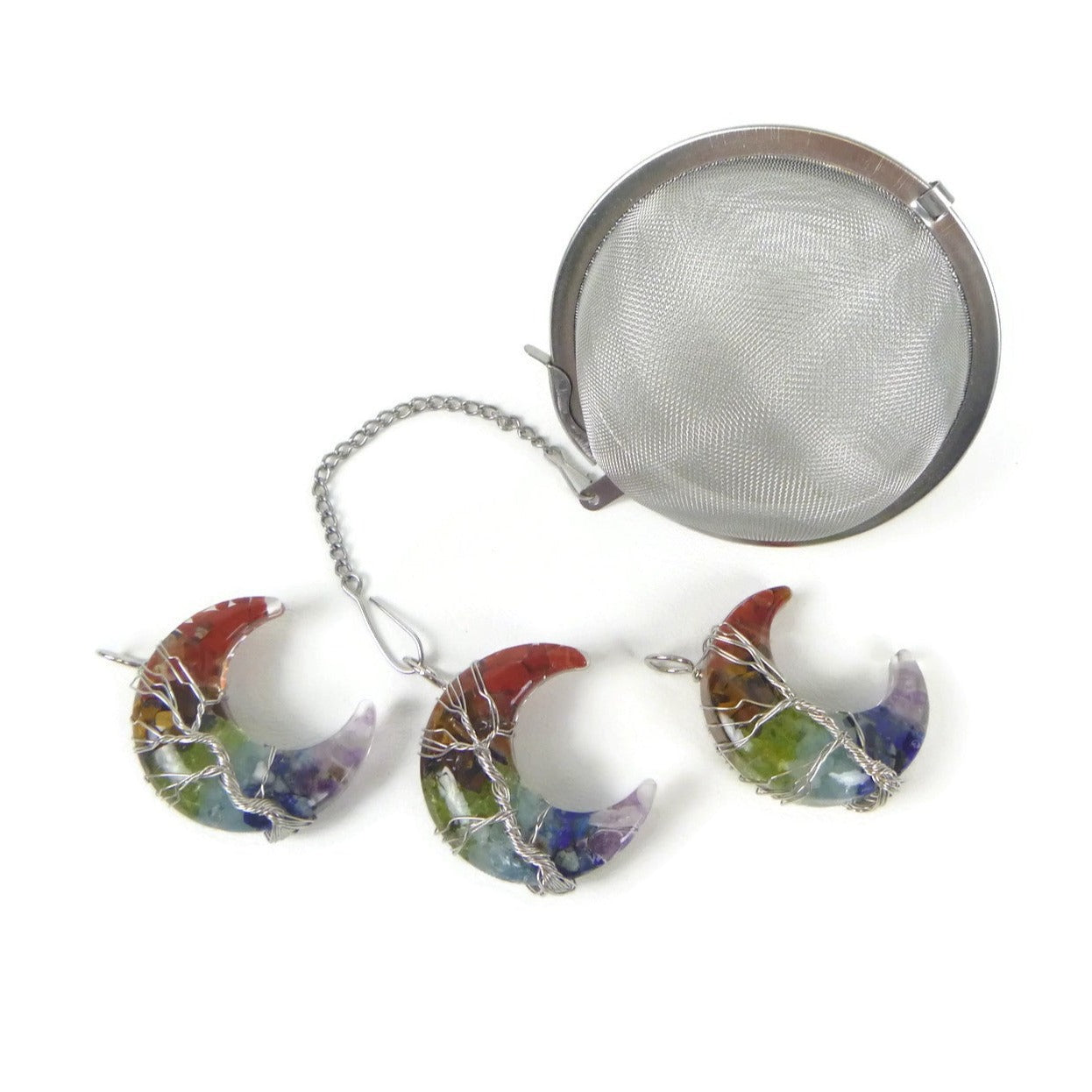 3 Inch Tea Infuser Ball with Rainbow Crescent Wired Tree Charm