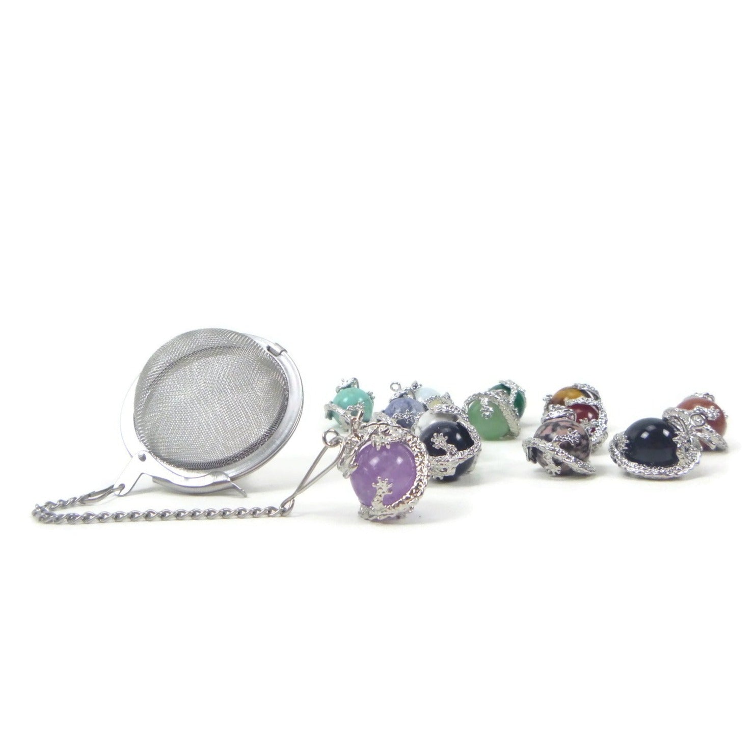 Tea Infuser with Dragon Wrapped Stone Charm (Pick your stone!)