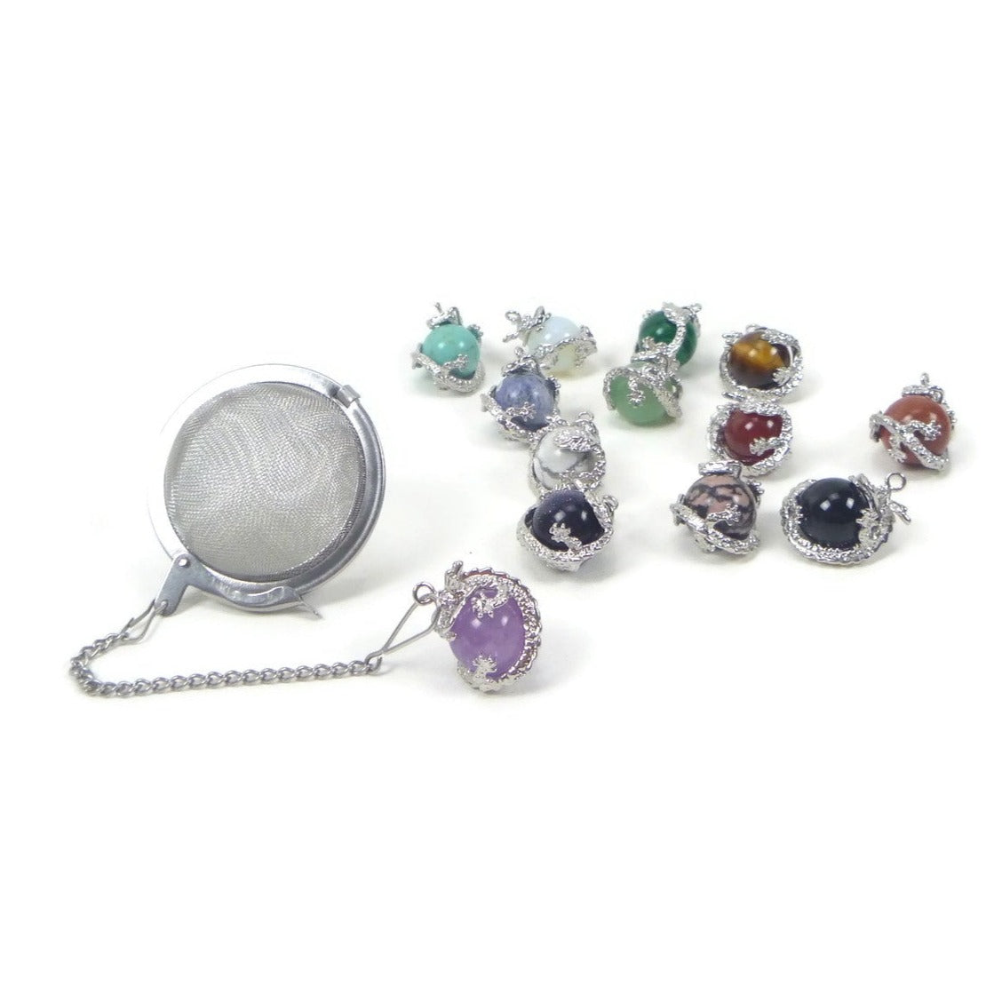 Tea Infuser with Dragon Wrapped Stone Charm (Pick your stone!)