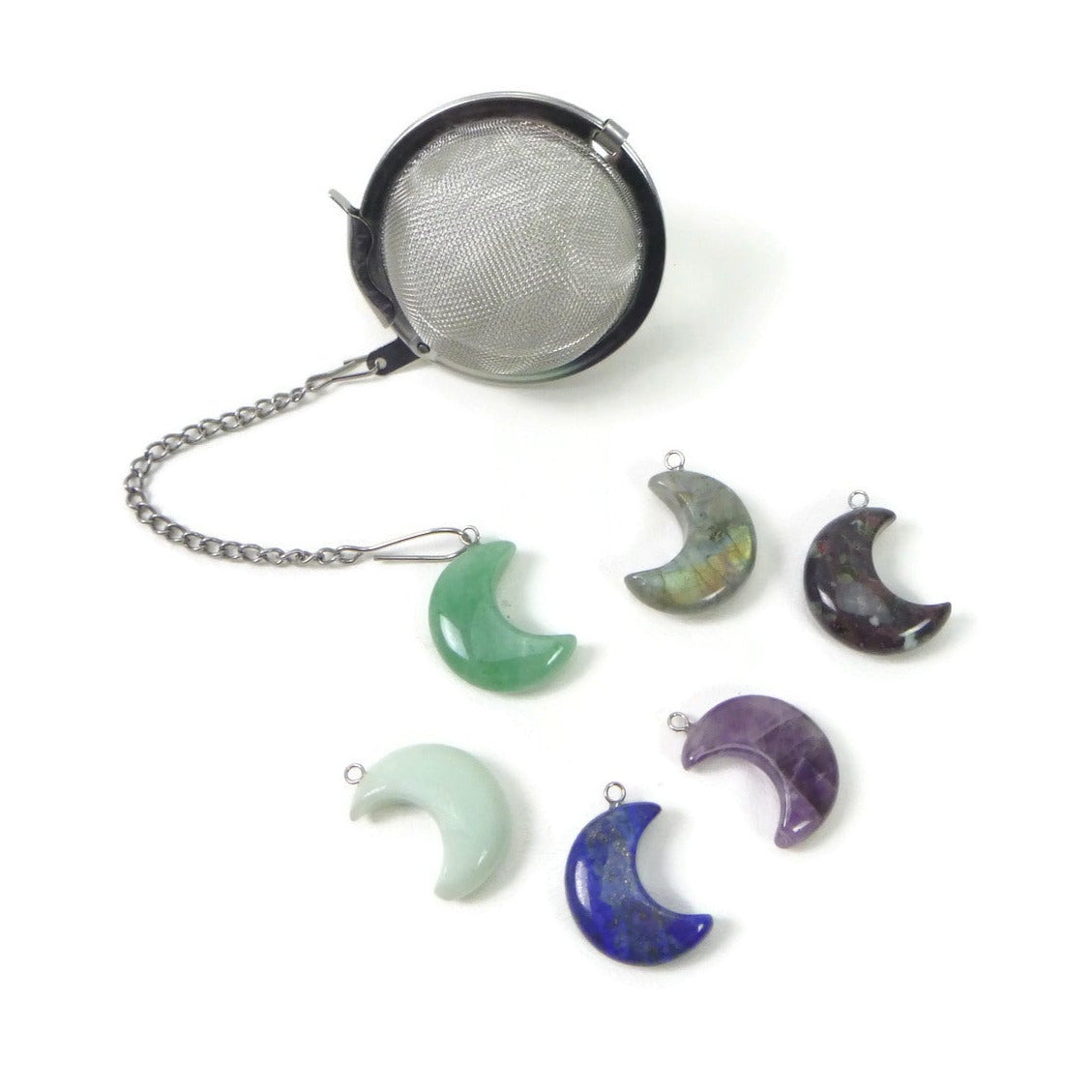 Tea Infuser with Small Gemstone Moon Charm (choose your stone!)