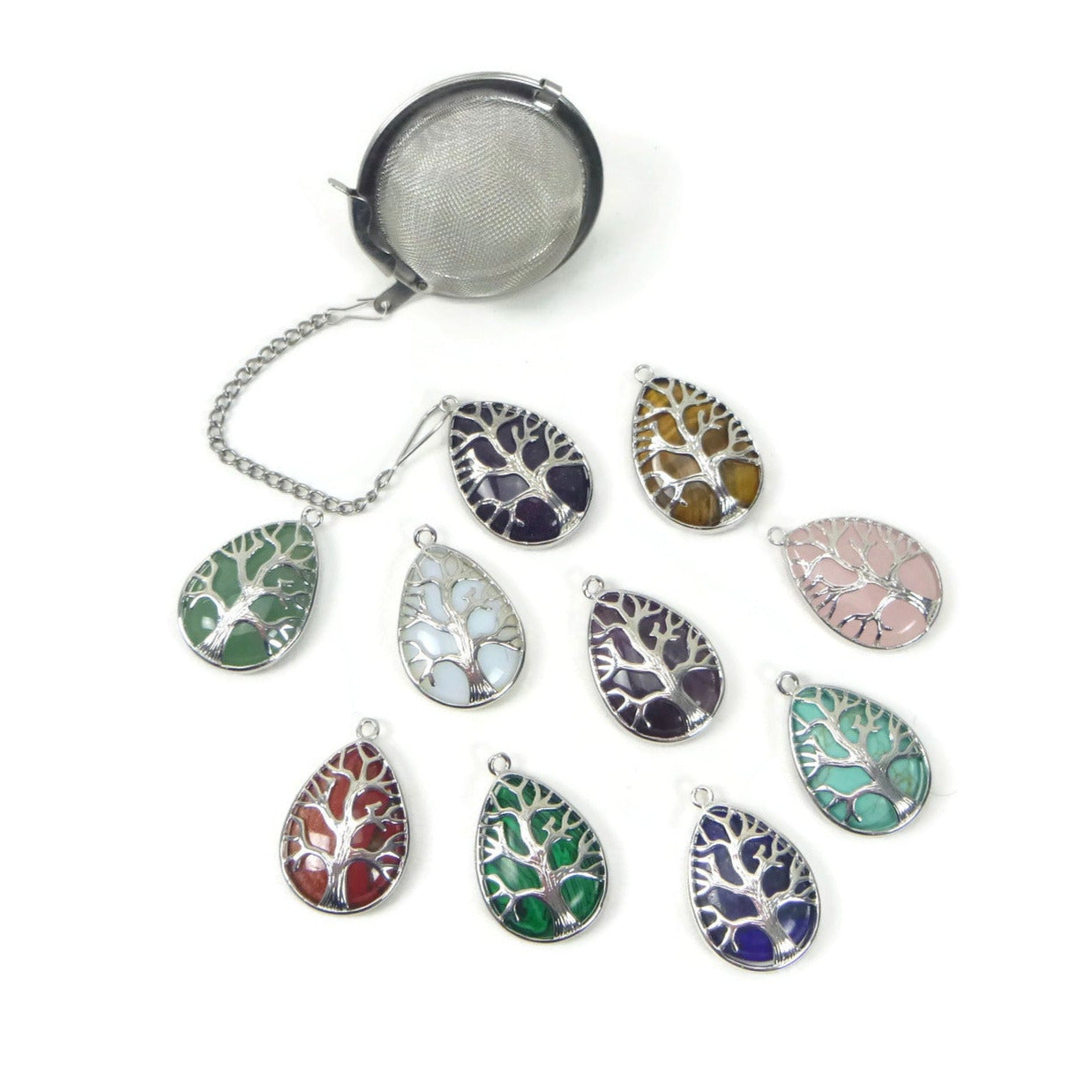 Tea Infuser with Gemstone Silver Tree Charm (choose your stone!)