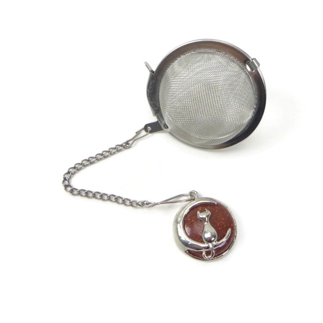 Tea Infuser with Gemstone and Moon Cat Charm (choose your stone!)