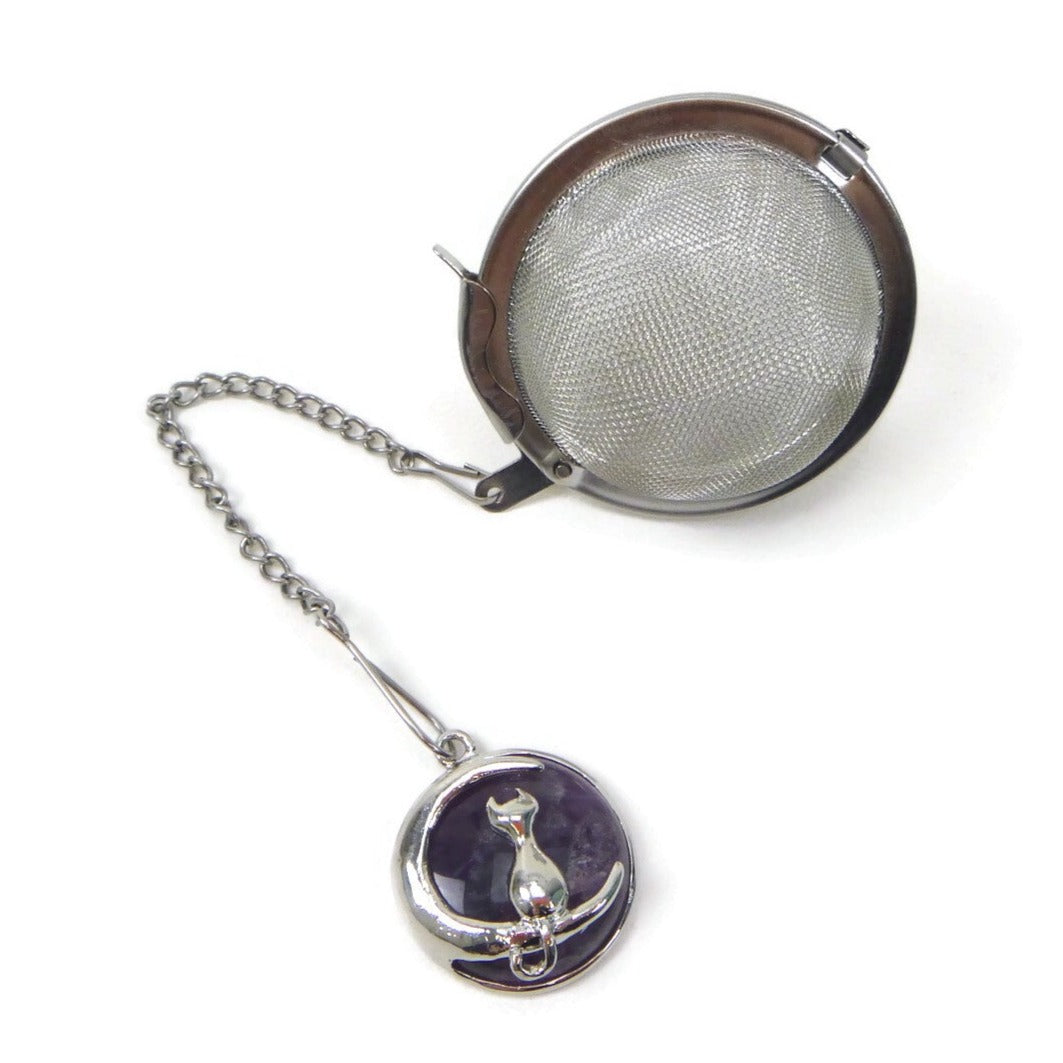 Tea Infuser with Gemstone and Moon Cat Charm (choose your stone!)
