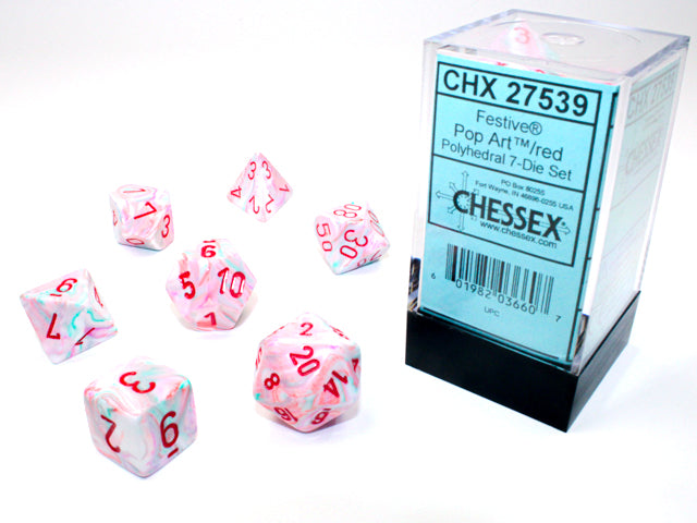 7 Piece Polyhedral Set - Festive Pop Art with Red