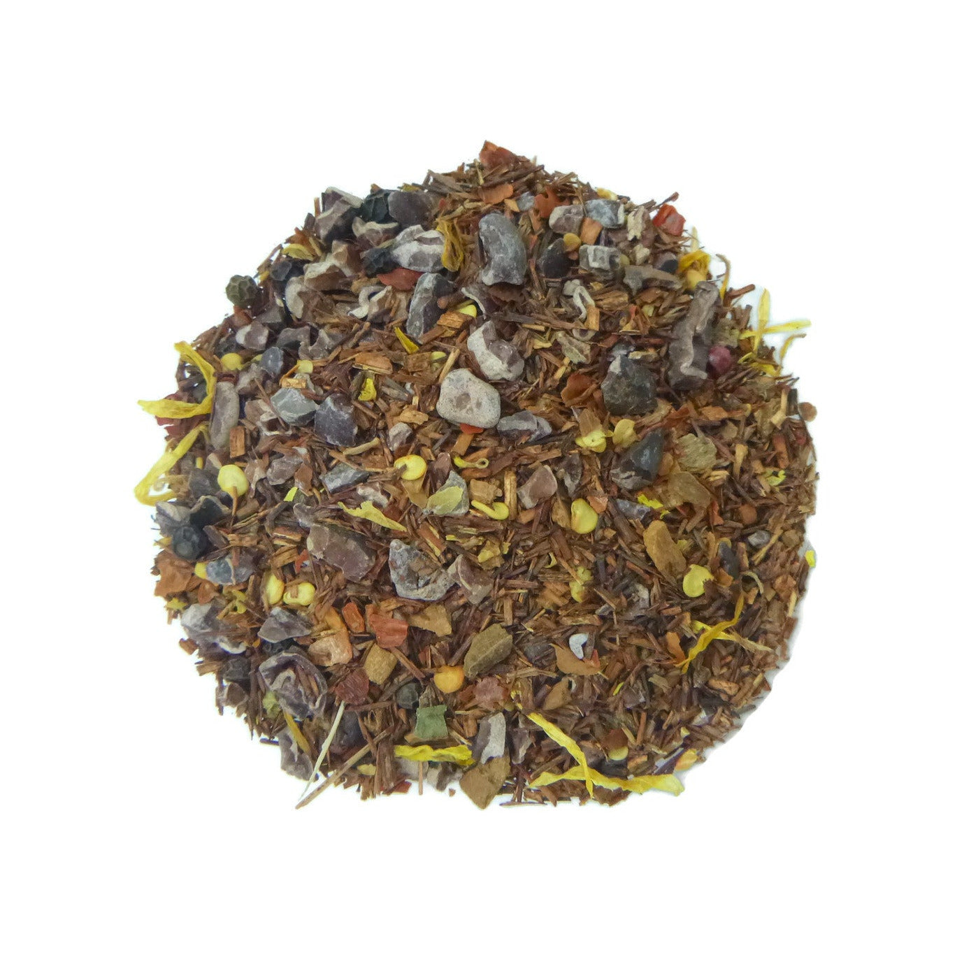 A blend of rooibos, cacao and other herbs on a white background.