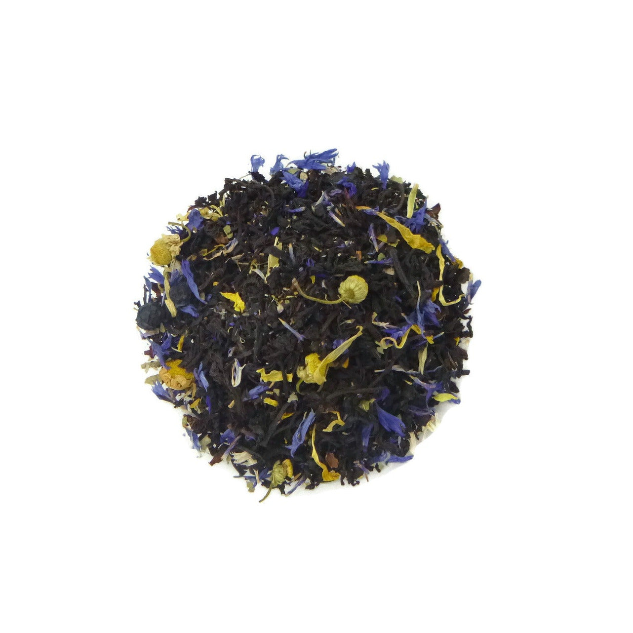 Black tea with yellow and blue flower petals on a white background