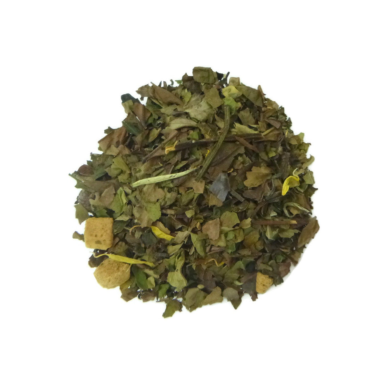 Green tea leaves on a white background