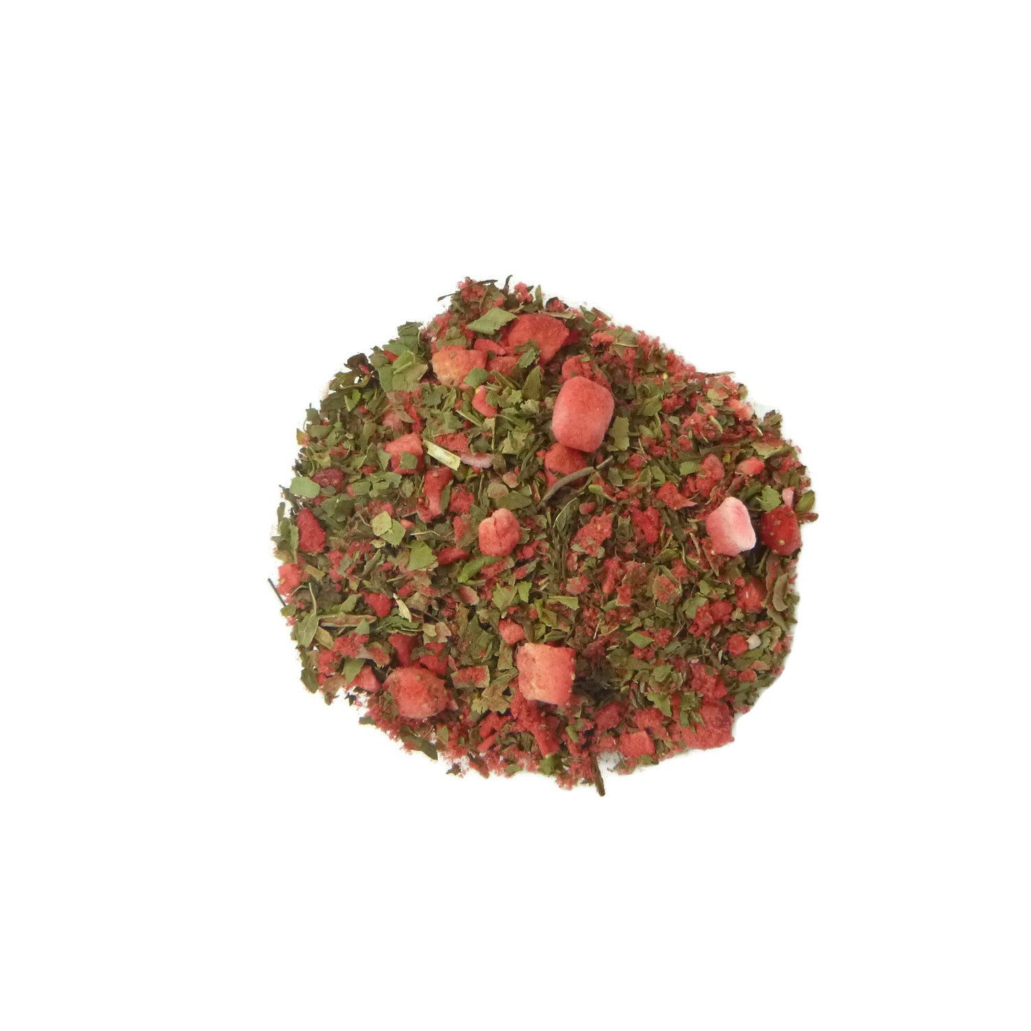A blend of dried strawberries and herbs on a white background