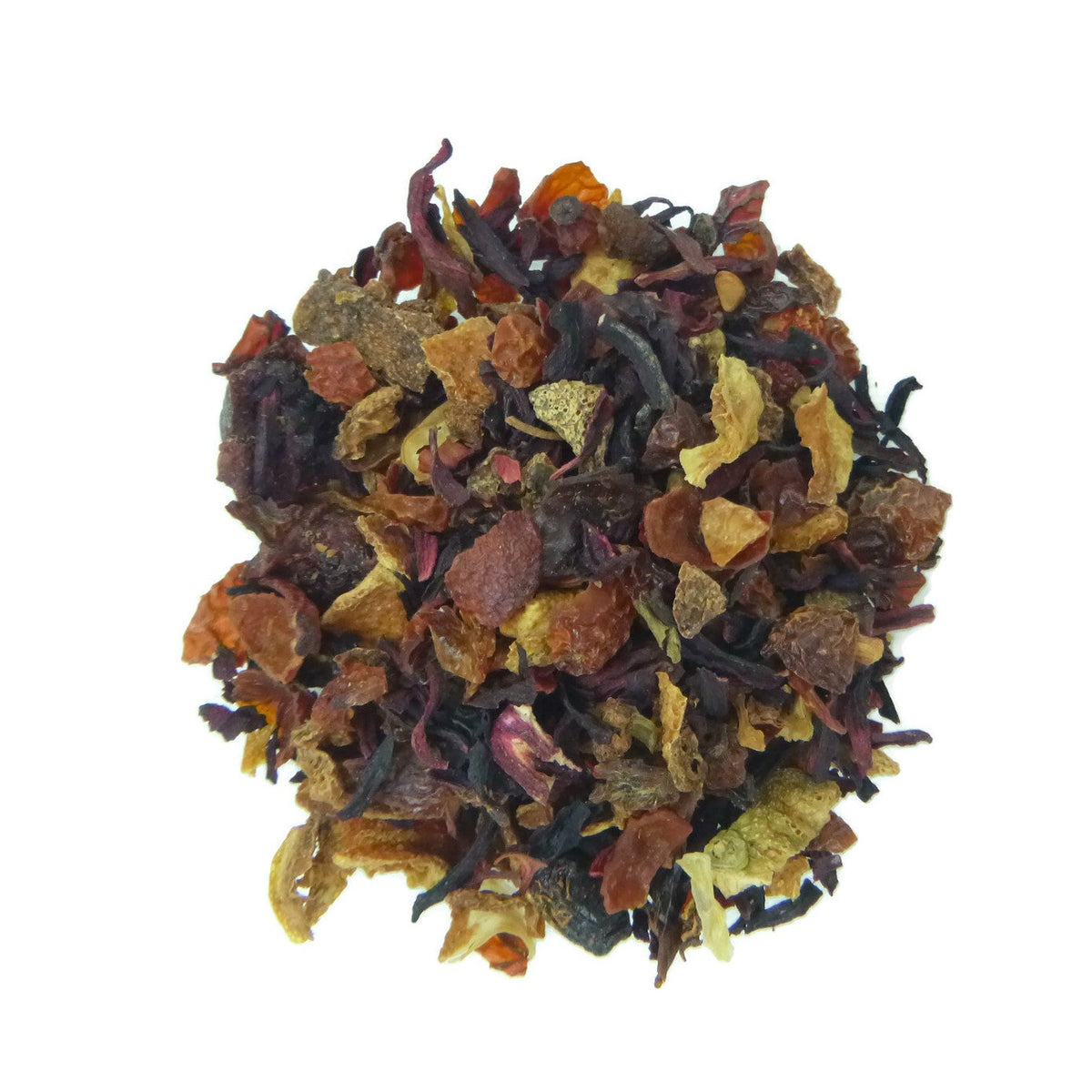 A small pile of loose-leaf herbal tea blend with dried citrus peels, flowers, and dark tea leaves on a plain white background.