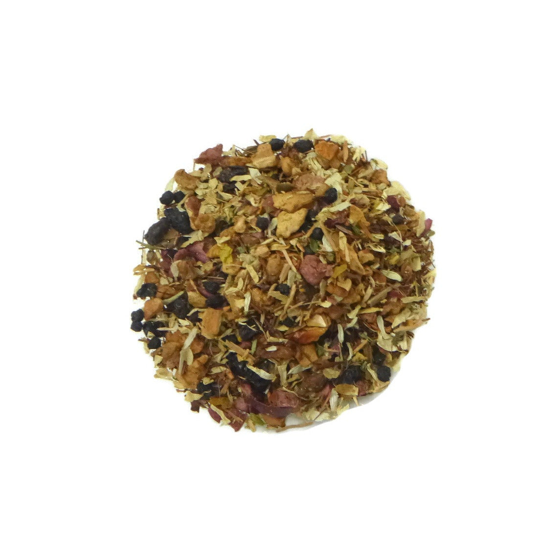 A blend of dried herbs and spices on a white background