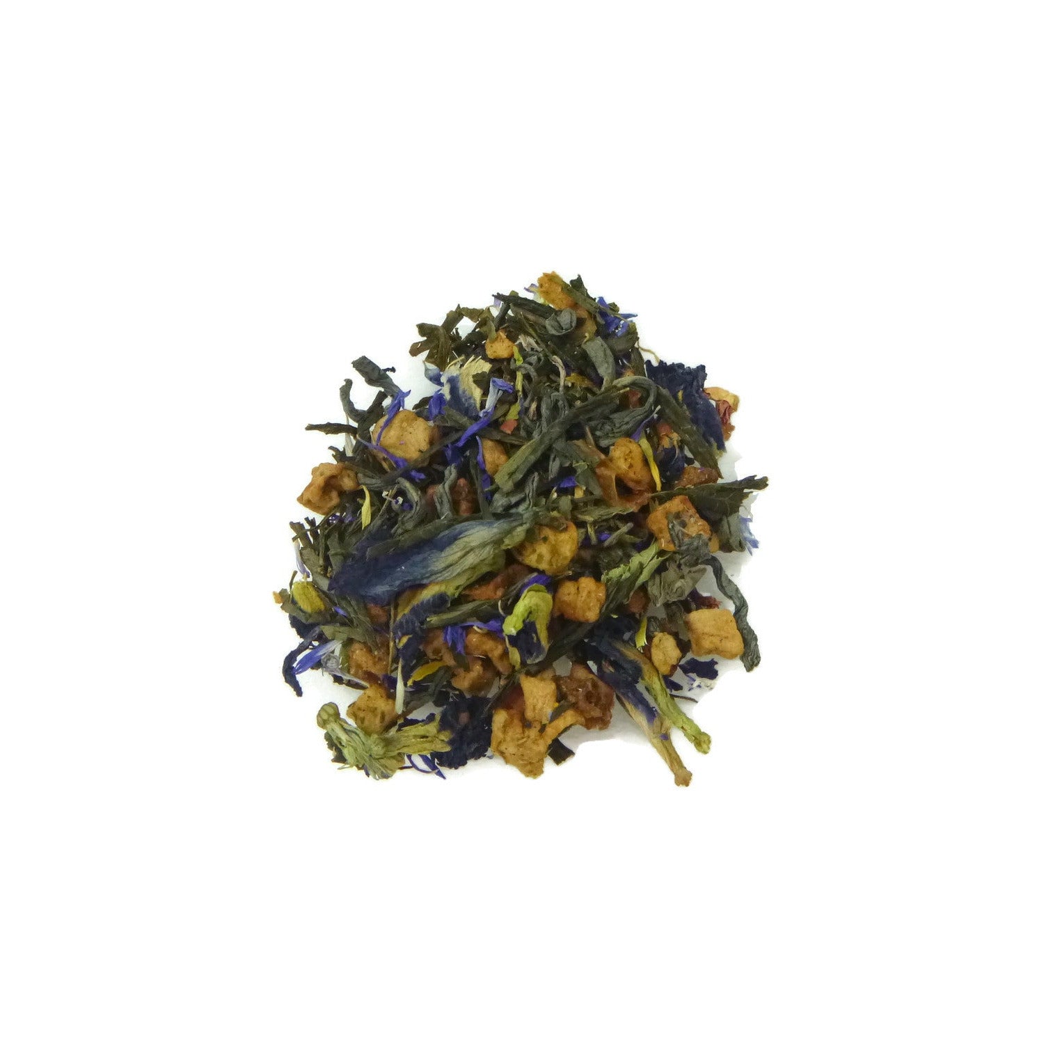 green yellow and blue tea leaves and herbs on a while background