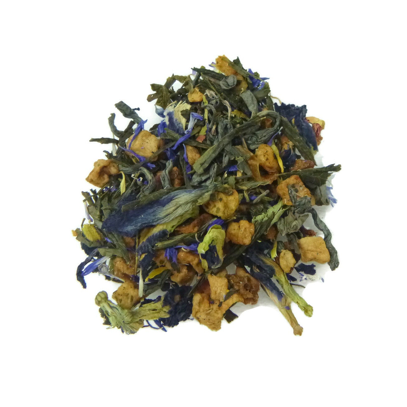 Dry herbal tea mix with green, yellow, and blue leaves on a white background