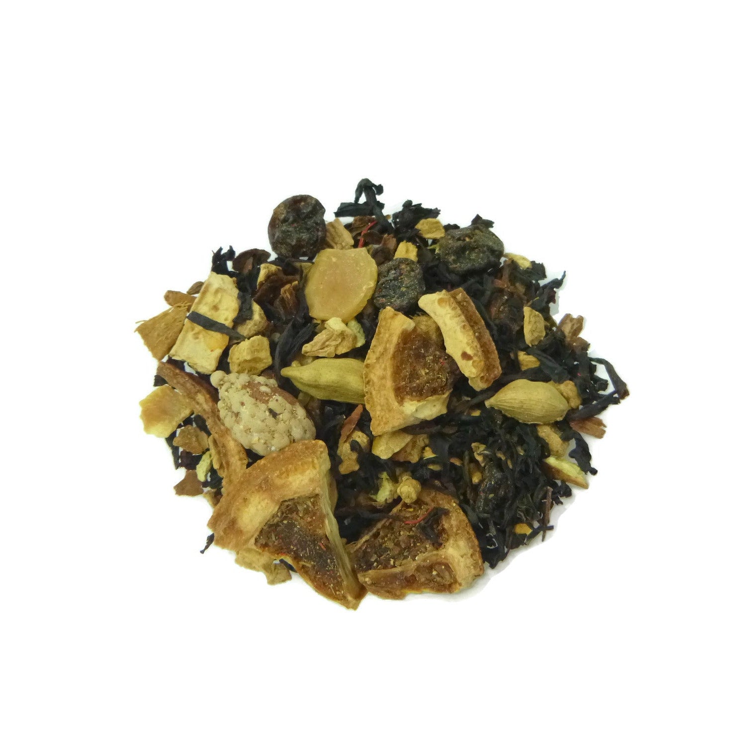 Tea leaves with visible herbs and dried citrus on a white background