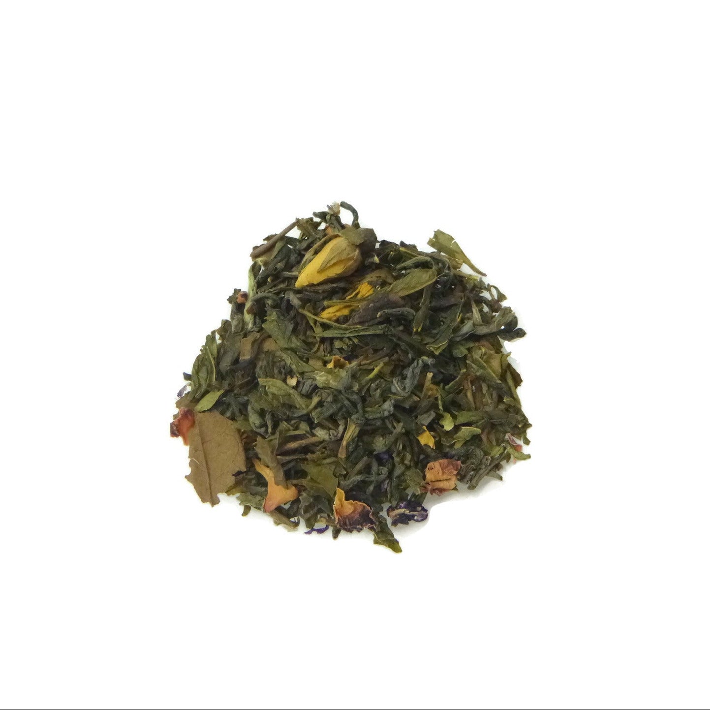 Dry green tea leaves on a white background