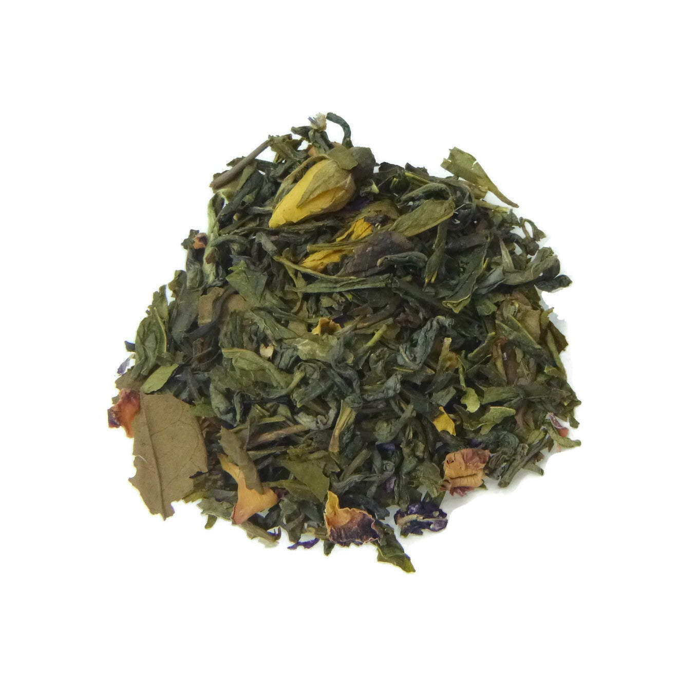 Green tea leaves on a white background
