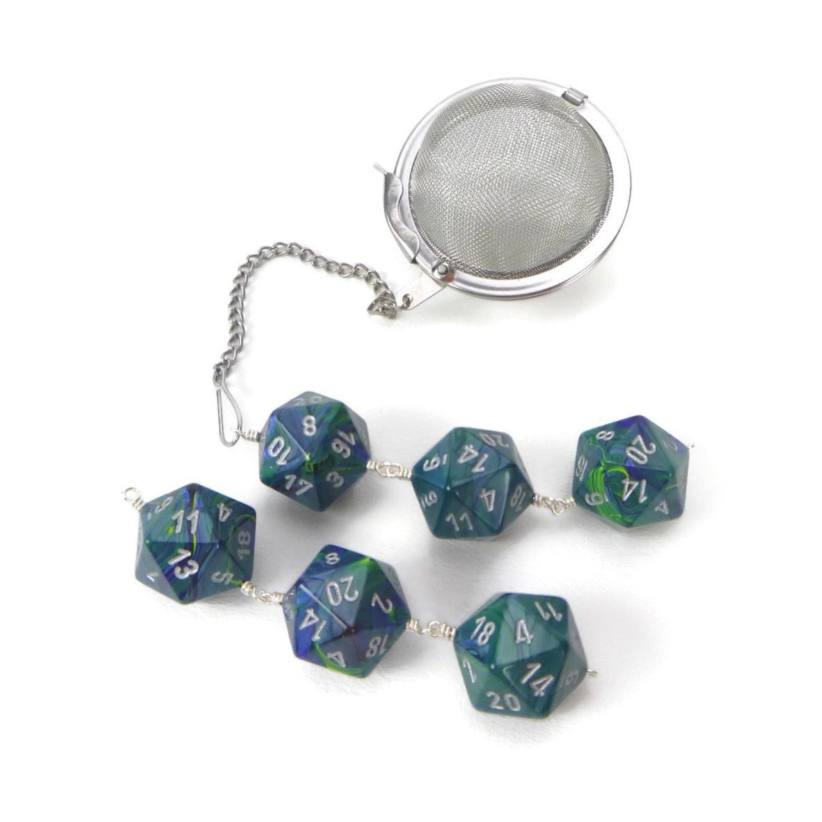 Tea Infuser with Green and Blue Swirled Dice Trio