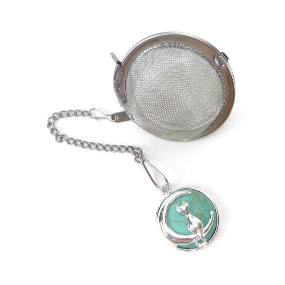 Tea Infuser with Gemstone and Moon Cat Charm (choose your stone!)