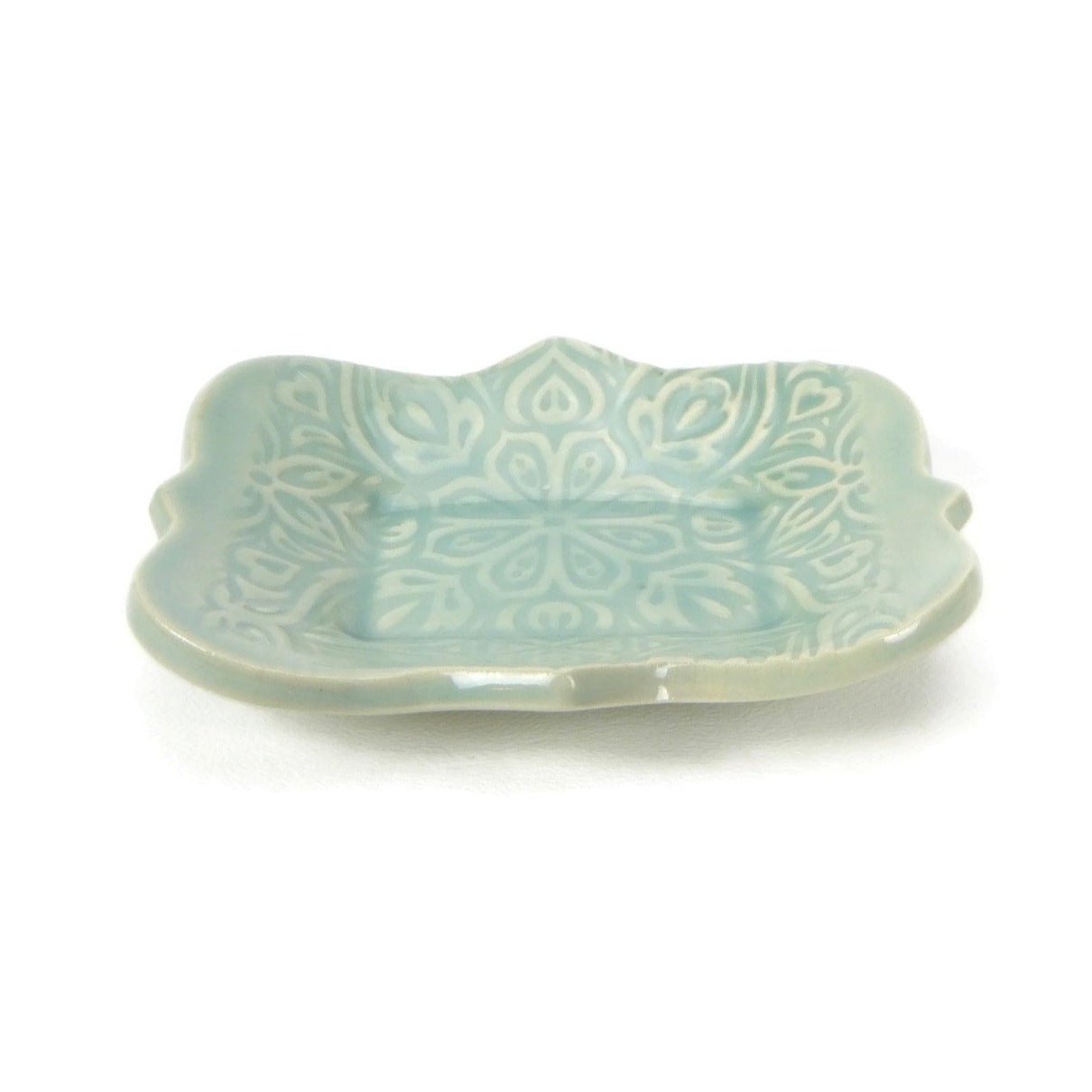 Large Aqua Scalloped Trivet with Forest Patterning