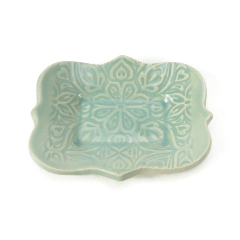 Large Aqua Scalloped Trivet with Forest Patterning