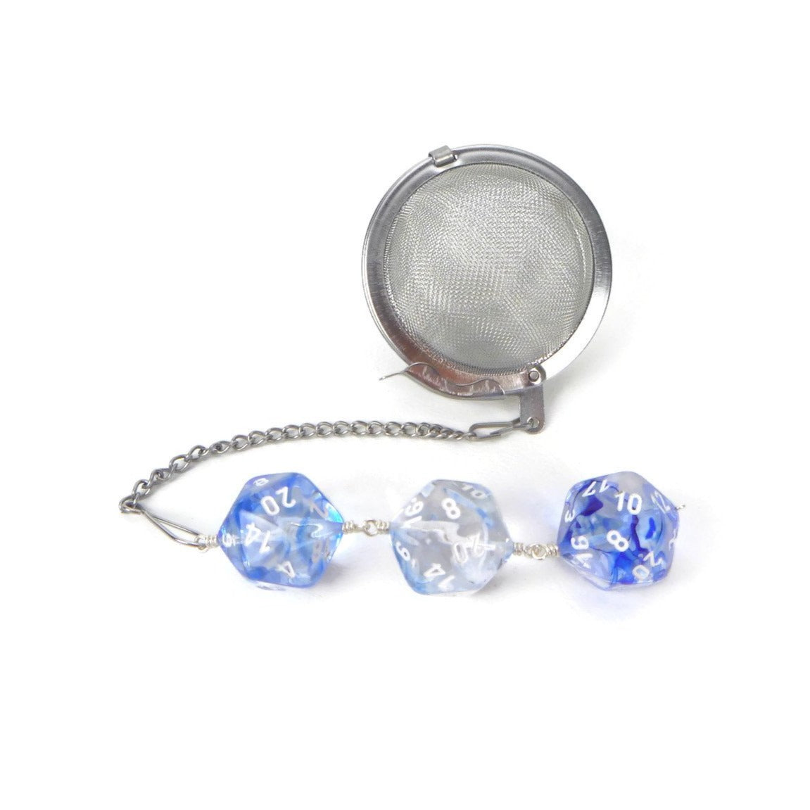 Tea Infuser with Bright Blue and Clear Nebula Dice