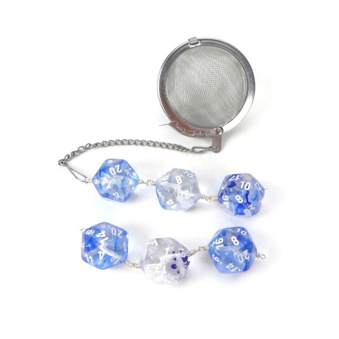 Tea Infuser with Bright Blue and Clear Nebula Dice