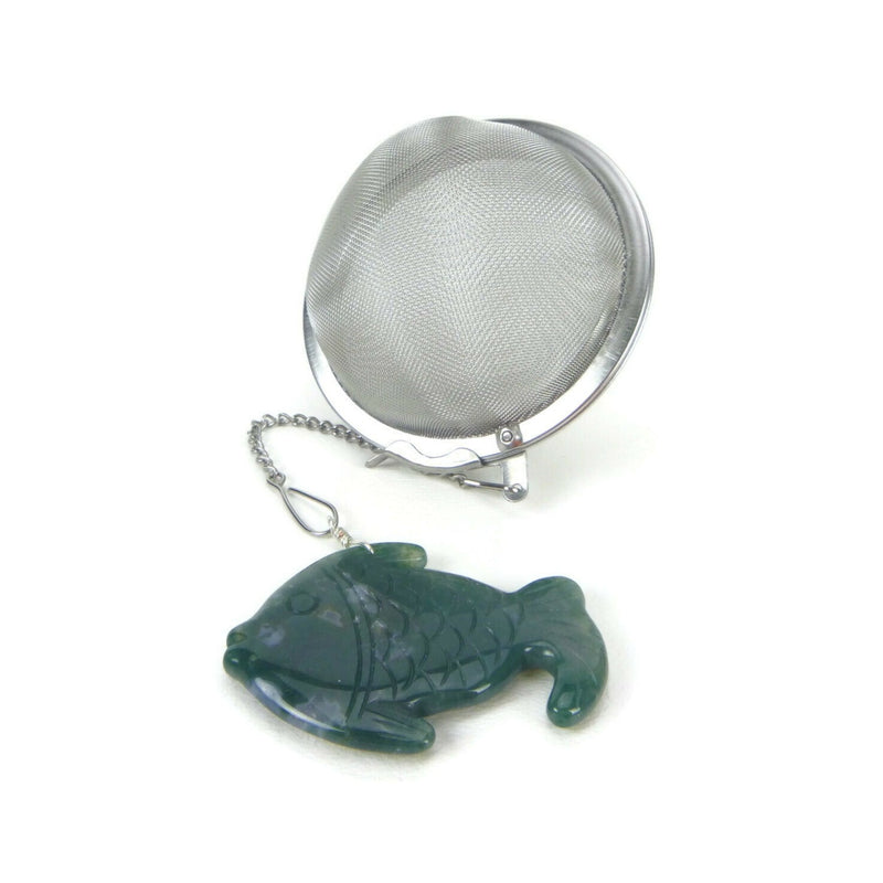 3 Inch Tea Infuser Ball with Carved Moss Agate Fish Charm