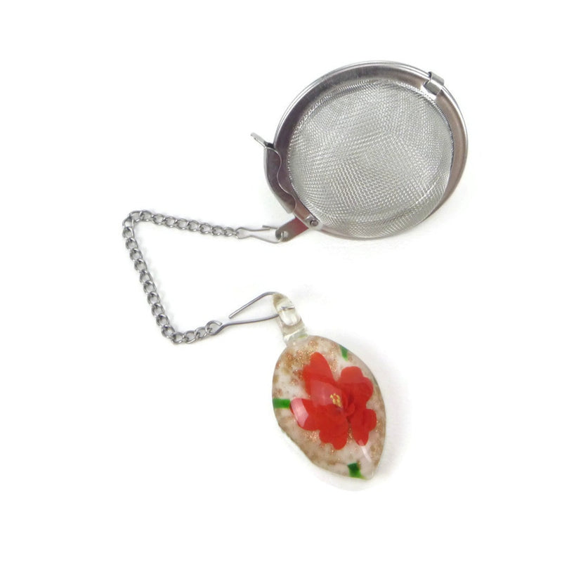 Tea Infuser with Red Flower Glass Charm
