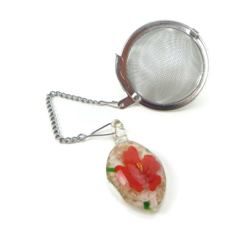 Tea Infuser with Red Flower Glass Charm
