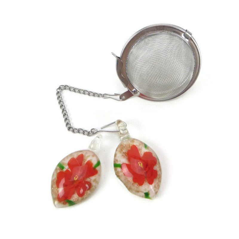 Tea Infuser with Red Flower Glass Charm