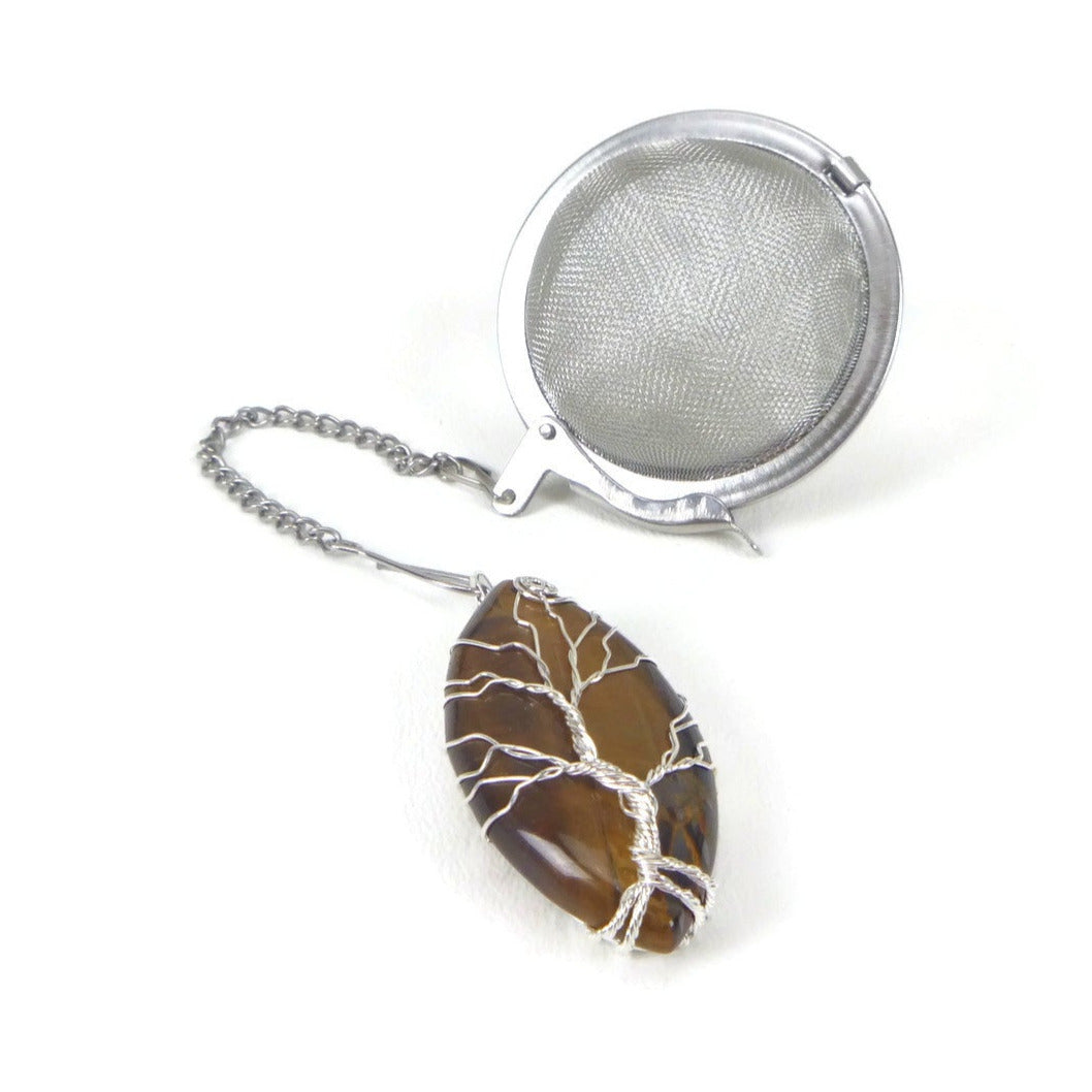 Tea Infuser with Long Oval Tiger's Eye Tree Charm