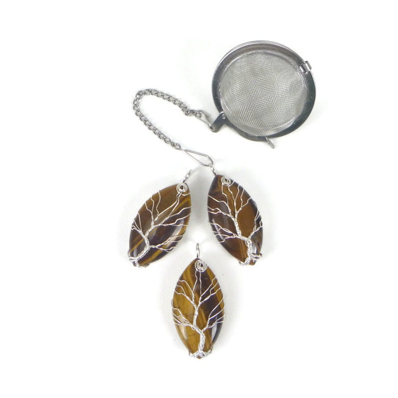 Tea Infuser with Long Oval Tiger's Eye Tree Charm