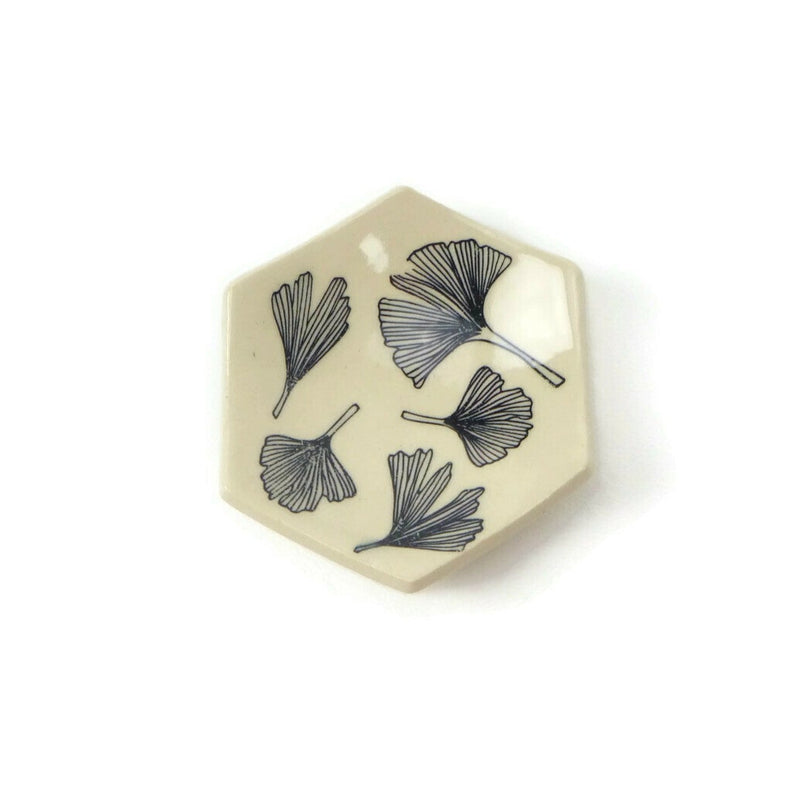 Black and White Hexagon Trivet with Ginkgo Patterning