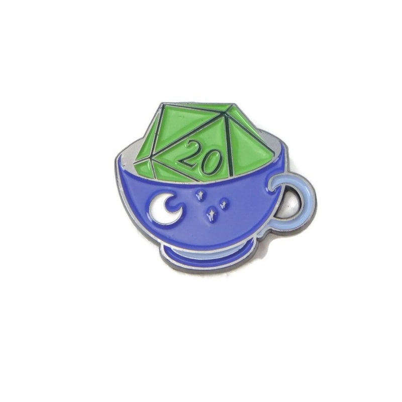 Critical Success - D20 and Teacup Enamel Pin - Blue Teacup