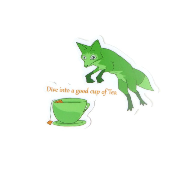 Green Fox and Teacup Sticker