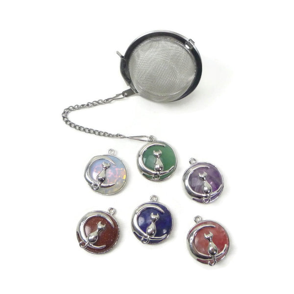 Tea Infuser with Gemstone and Moon Cat Charm (choose your stone!)