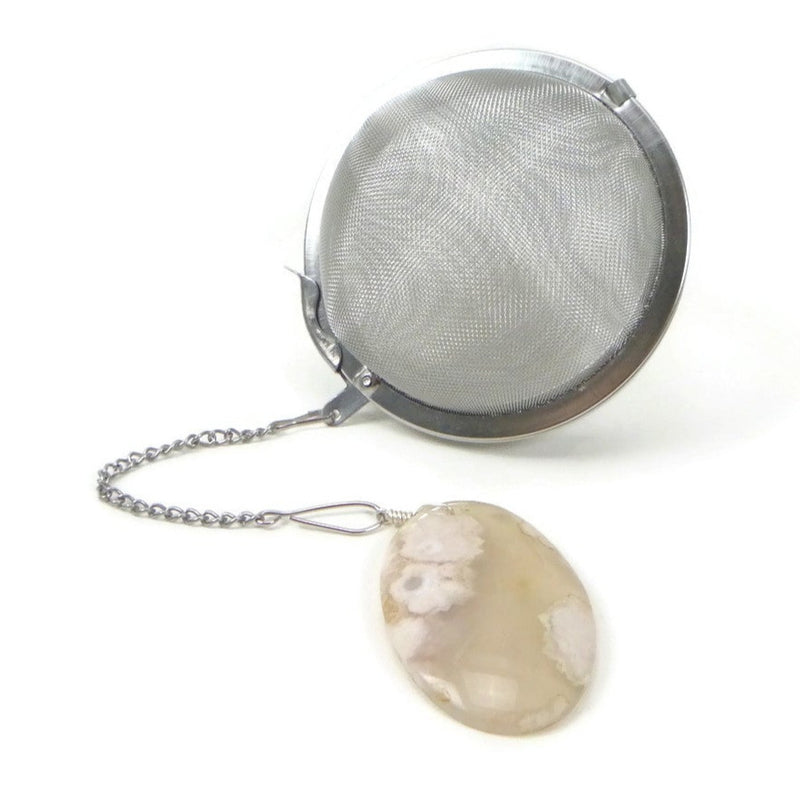 3 Inch Tea Infuser Ball with Oval Cherry Blossom Agate Charm