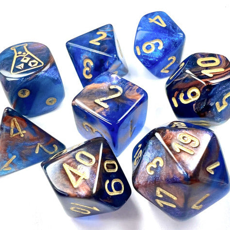 7 Piece Polyhedral Set - Lustrous Polyhedral Azurite with Gold - Lab Dice